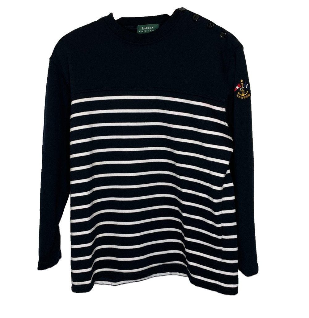 Women's Small Ralph Lauren Mock Neck Button Black Stripe Cotton Shirt